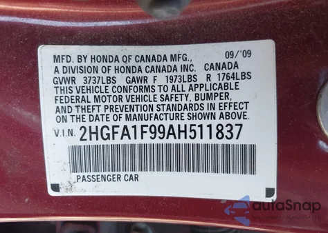 2010 Honda Civic Ex-L from USA, damaged, VIN 2HGFA1F99AH511837